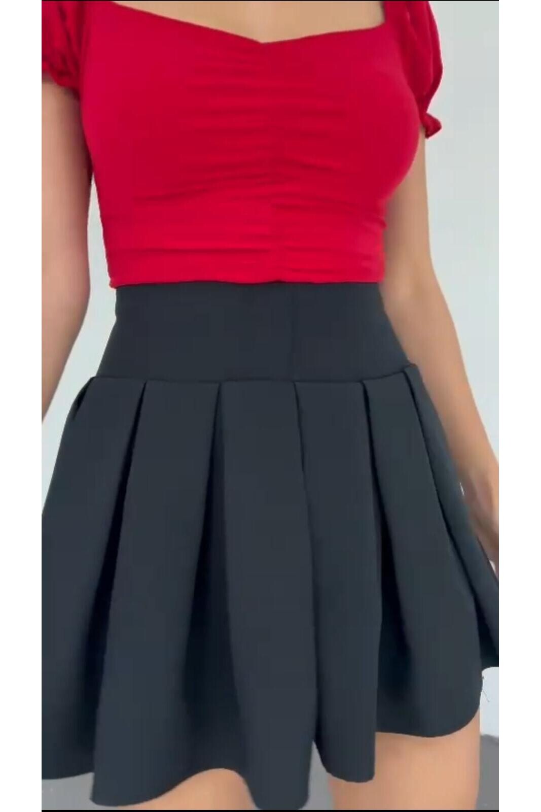 Atlas Kumaş Pileli Mini Etek