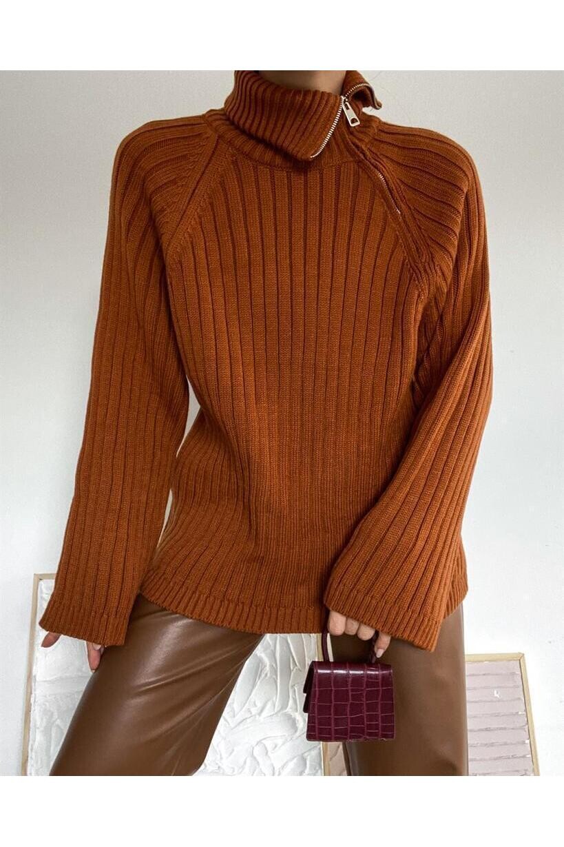 Balıkçı Yaka Fermuar Detaylı Triko Kazak