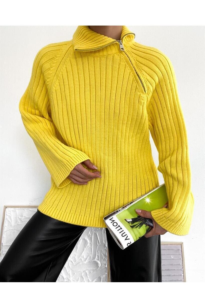 Balıkçı Yaka Fermuar Detaylı Triko Kazak