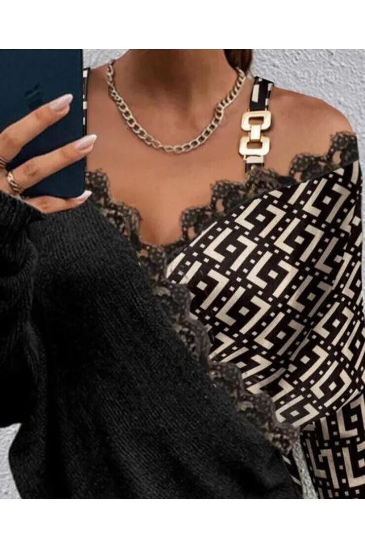 Dalgıç Kumaş Dantel ve Tokalı Bluz