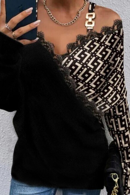 Dalgıç Kumaş Dantel ve Tokalı Bluz