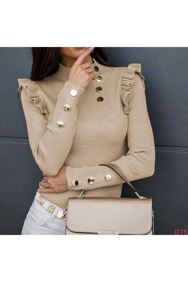 Fırfır Ve Düğme Detaylı Triko Bluz