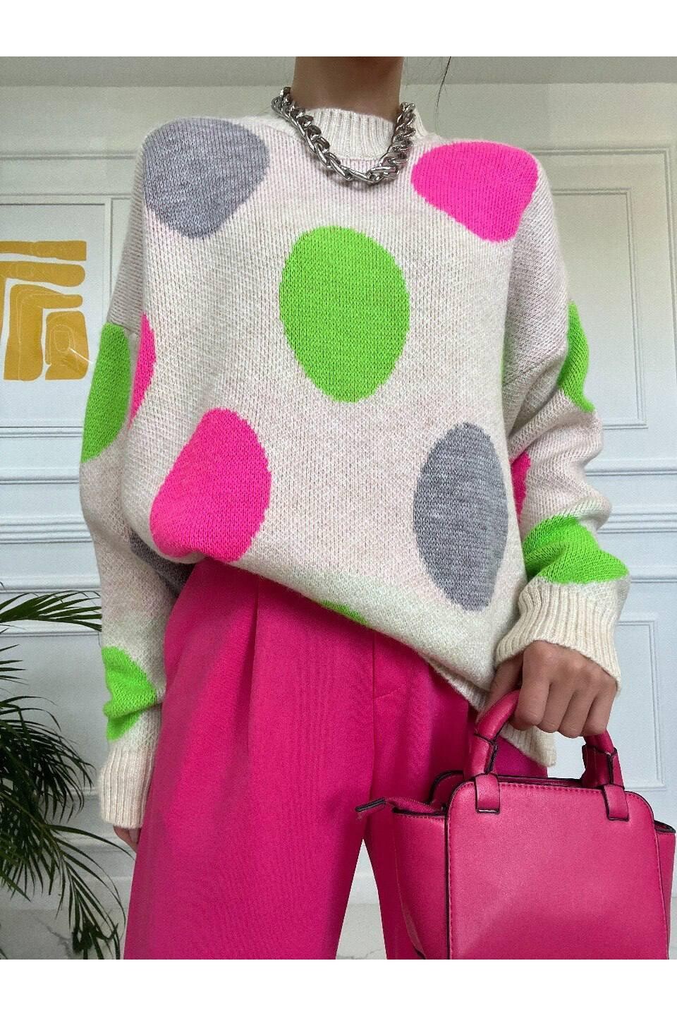 İpek İplik Puantiye Desenli Triko Kazak