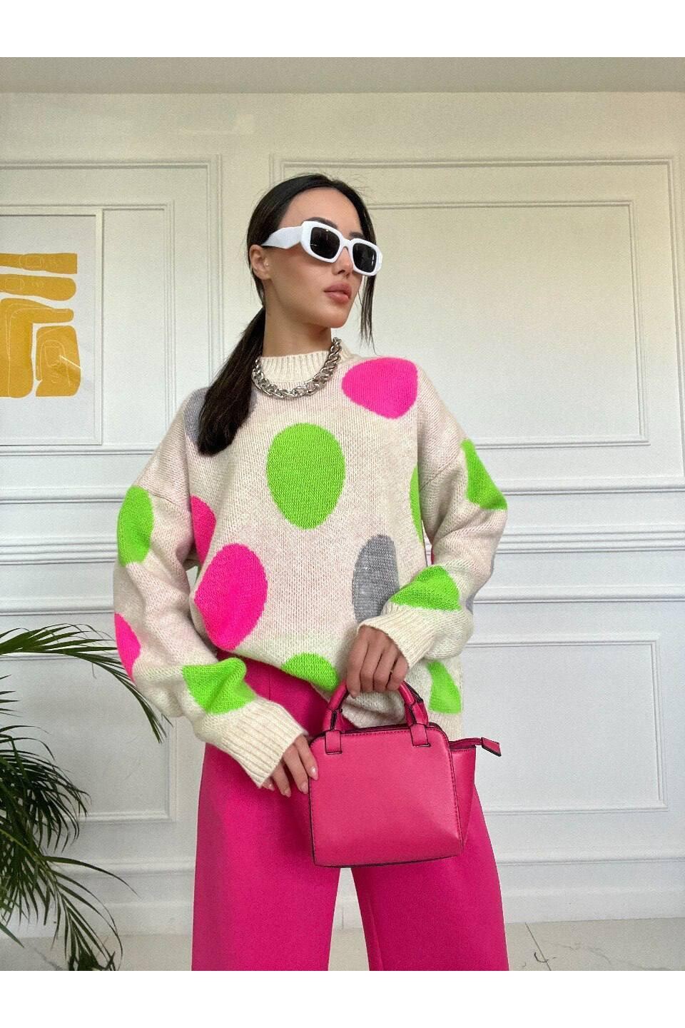 İpek İplik Puantiye Desenli Triko Kazak