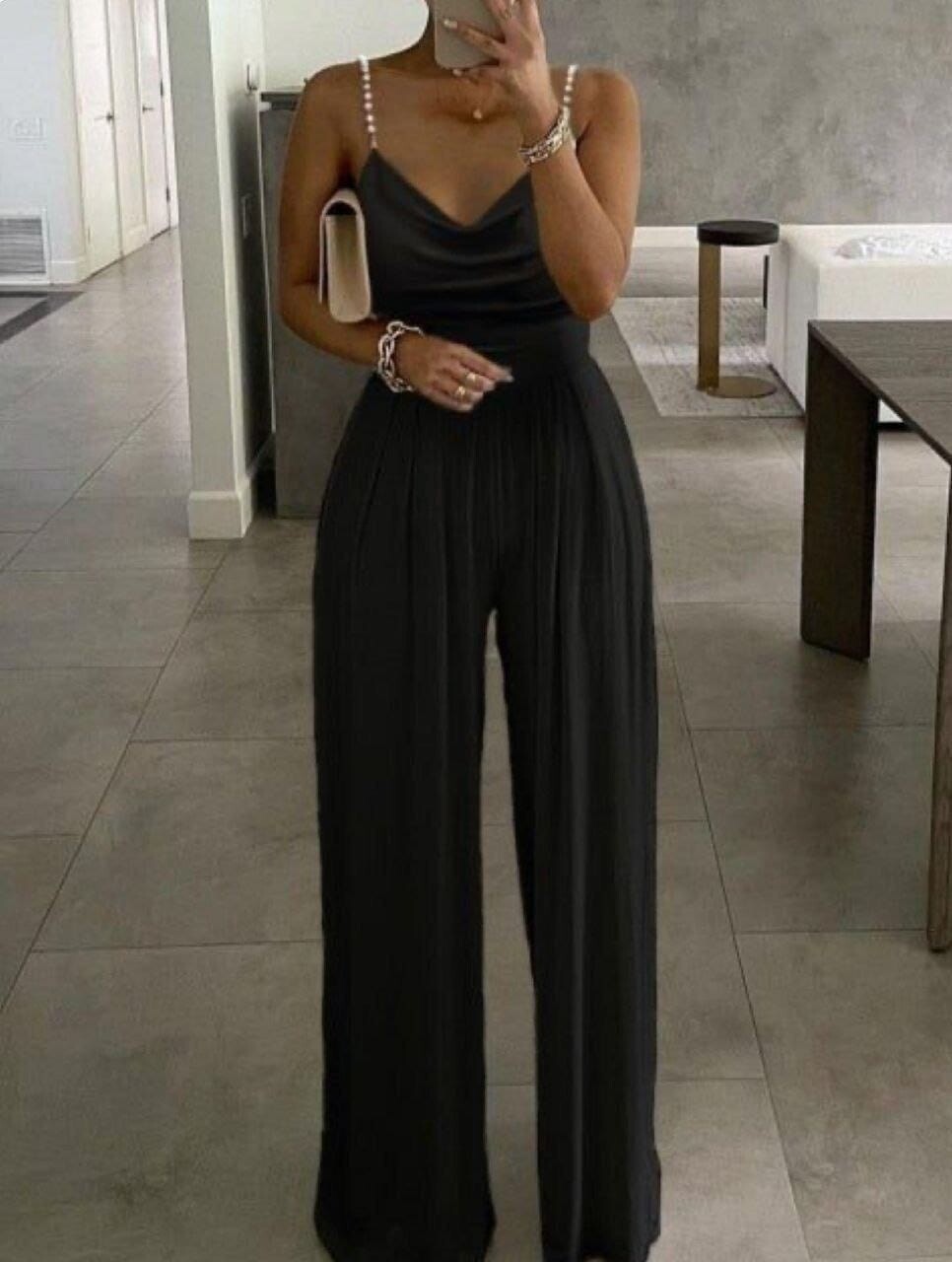 İthal Mikro Kumaş İnci Askı Detaylı Tulum