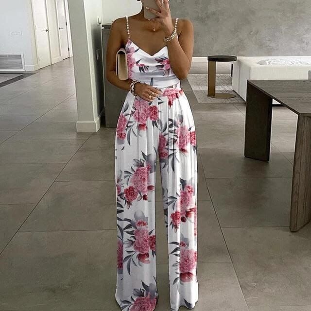 İthal Mikro Kumaş İnci Askı Detaylı Çiçekli Tulum