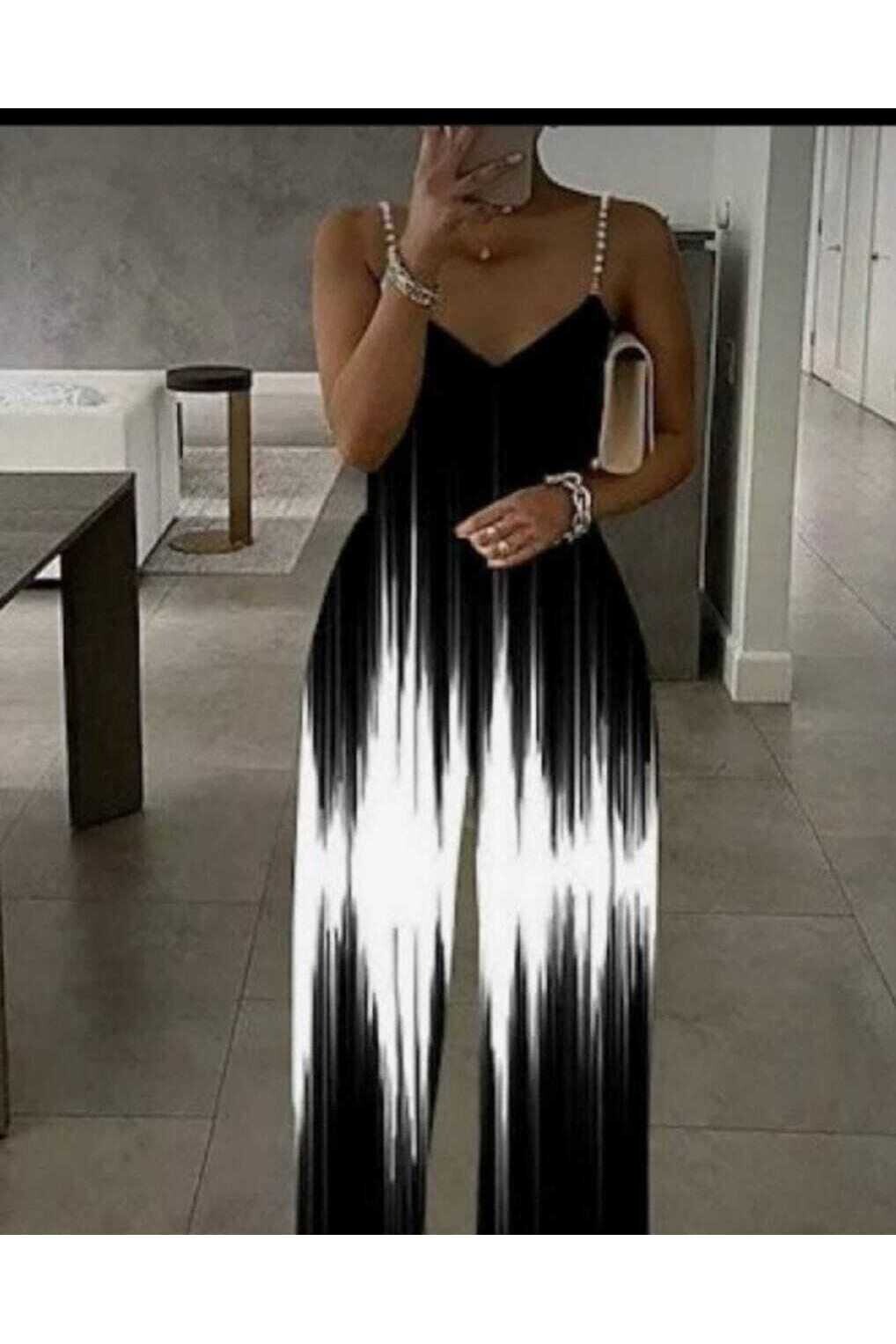 Ithal Mikro Kumaş İnci Askılı Siyah Beyaz Baskılı Tulum