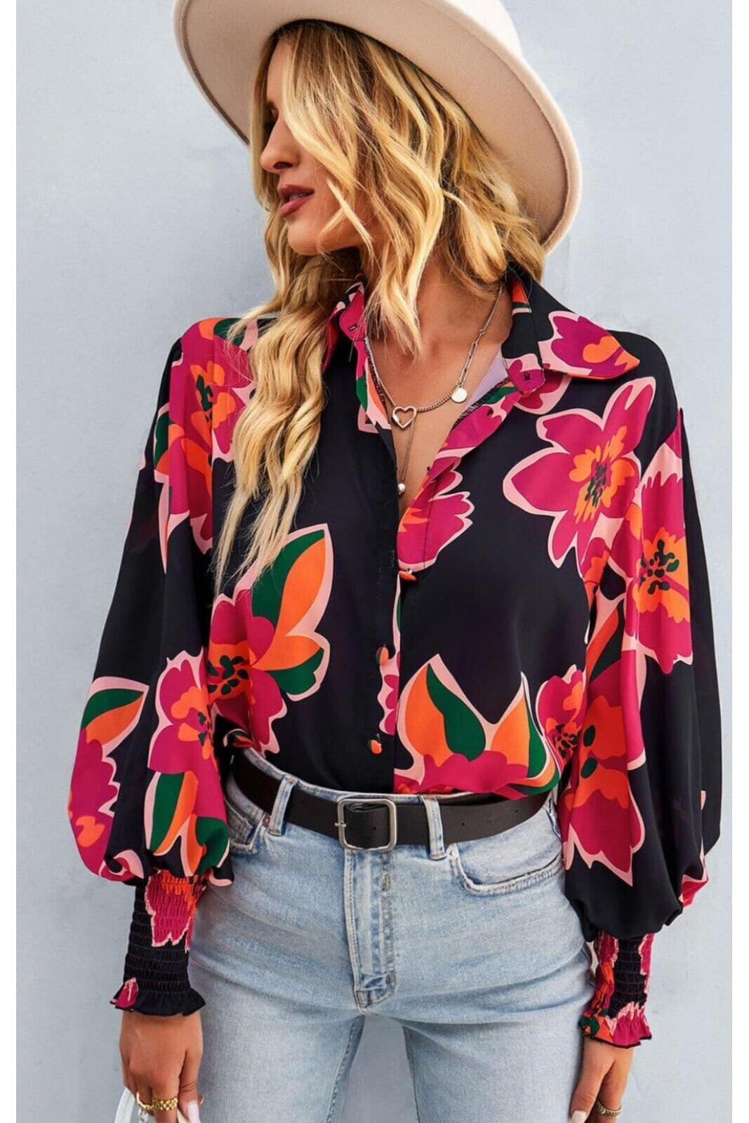 Jessıka Kumaş Dijital Baskı Kolları Gipeli Gömlek