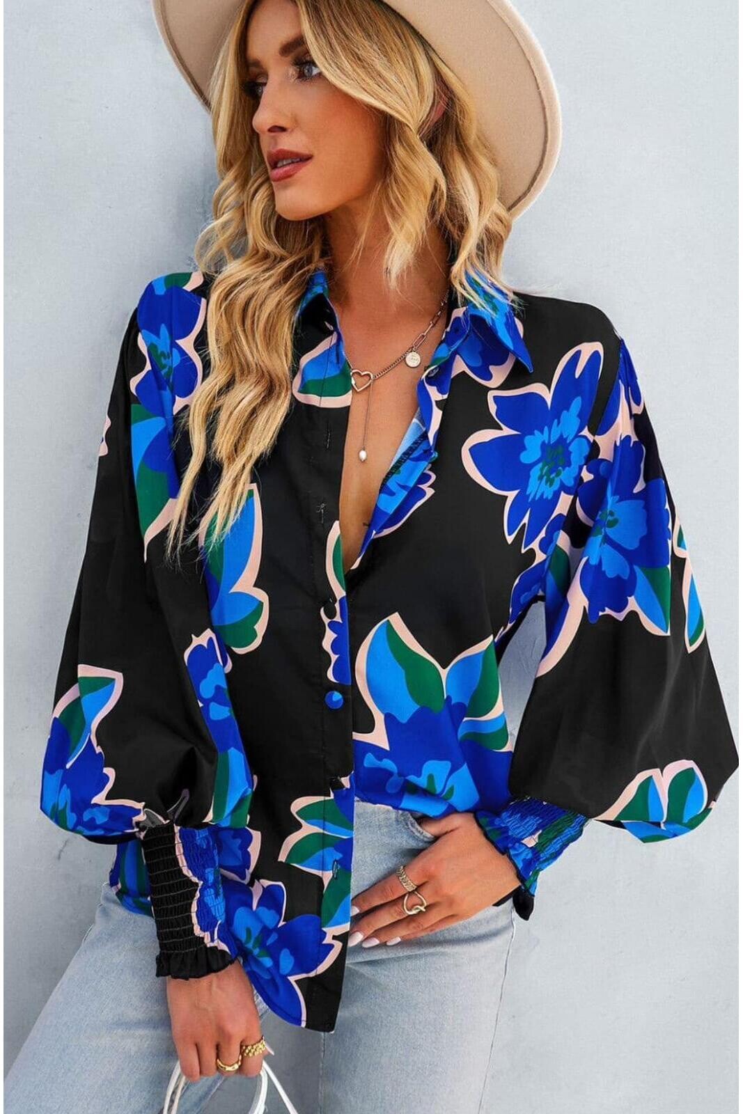 Jessıka Kumaş Dijital Baskı Kolları Gipeli Gömlek