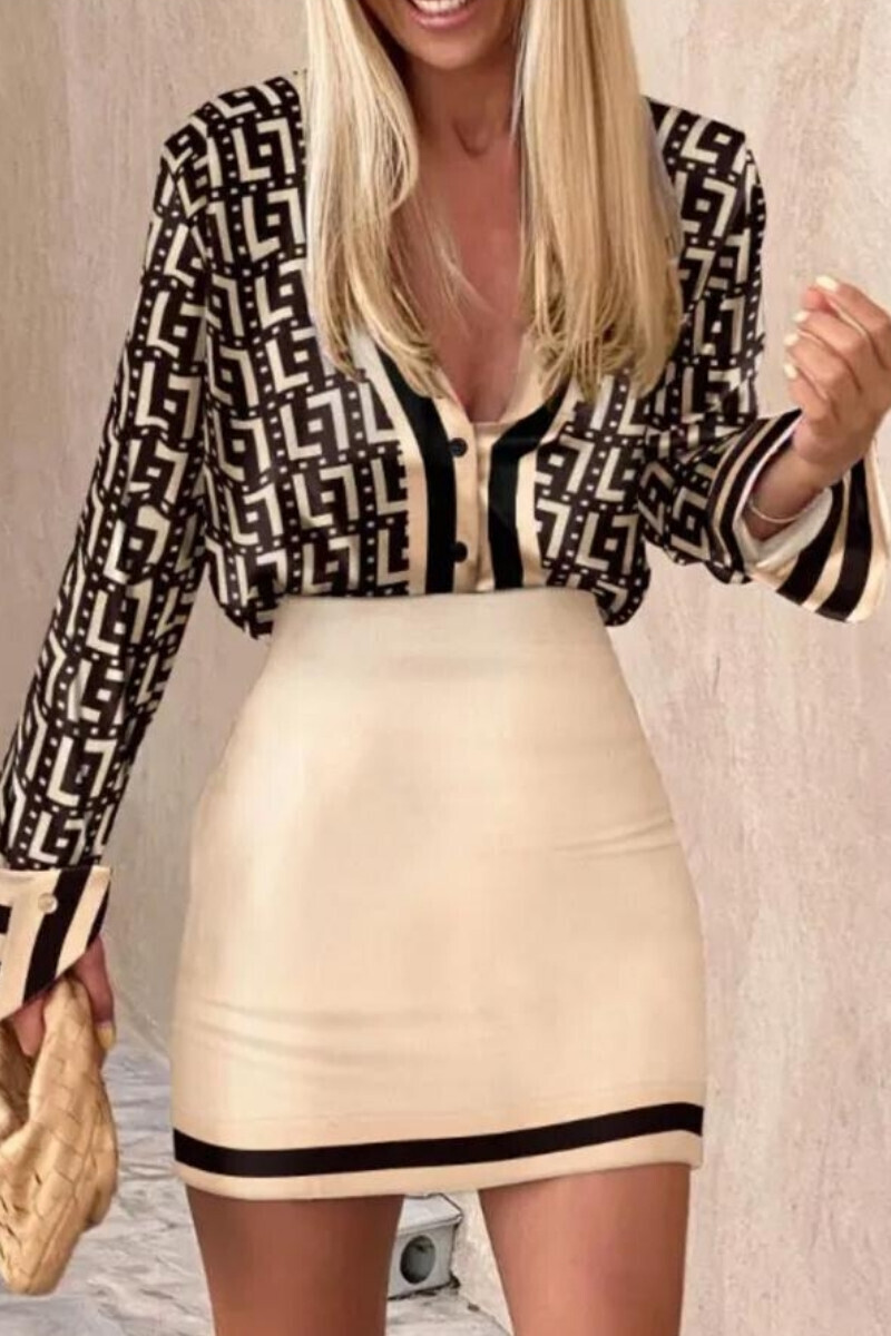 Kobe Saten Kumaş Desenli Etek Gömlek Takım