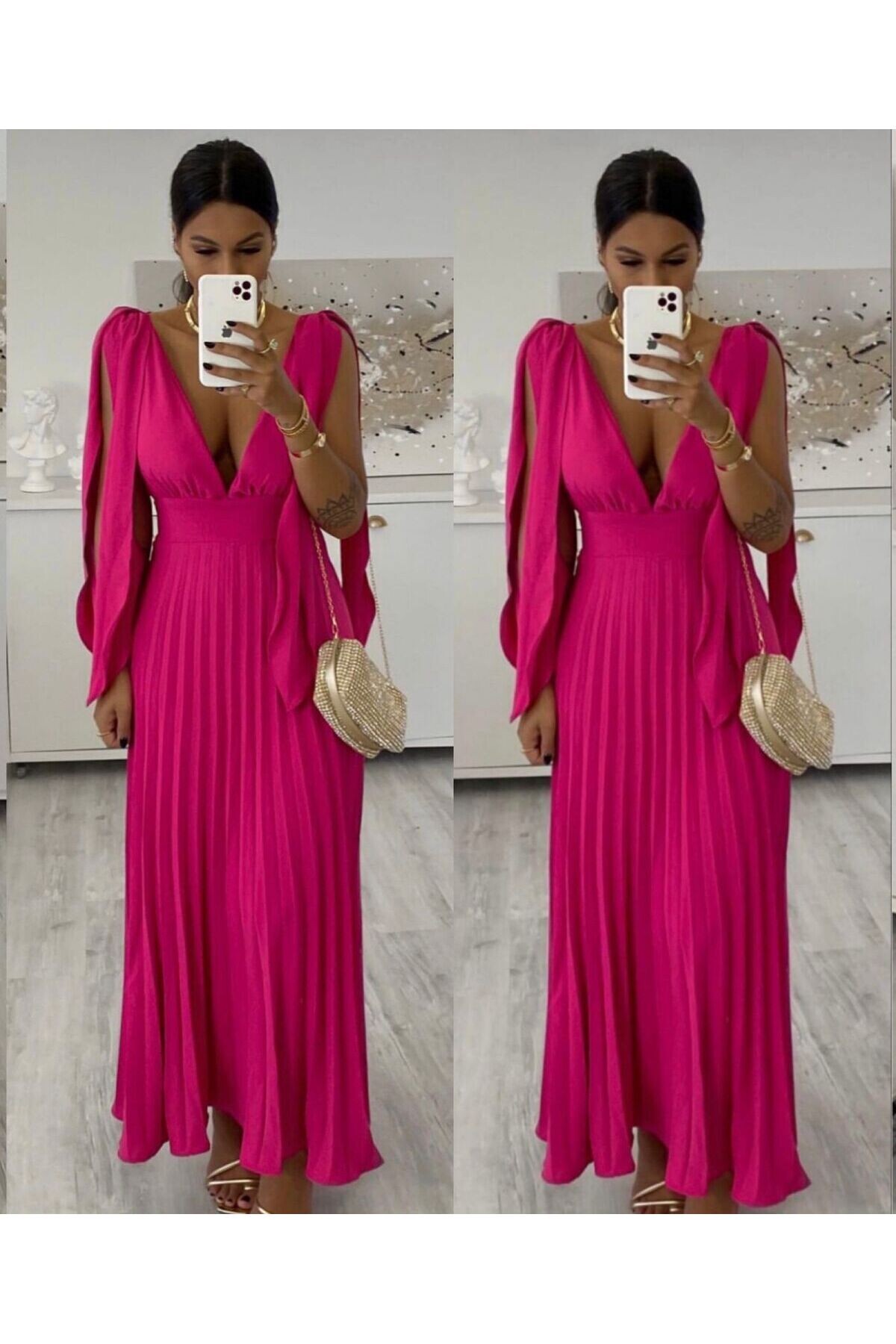 Omuz Bağlamalı Pilise Detaylı Elbise İthal Krep Kumas