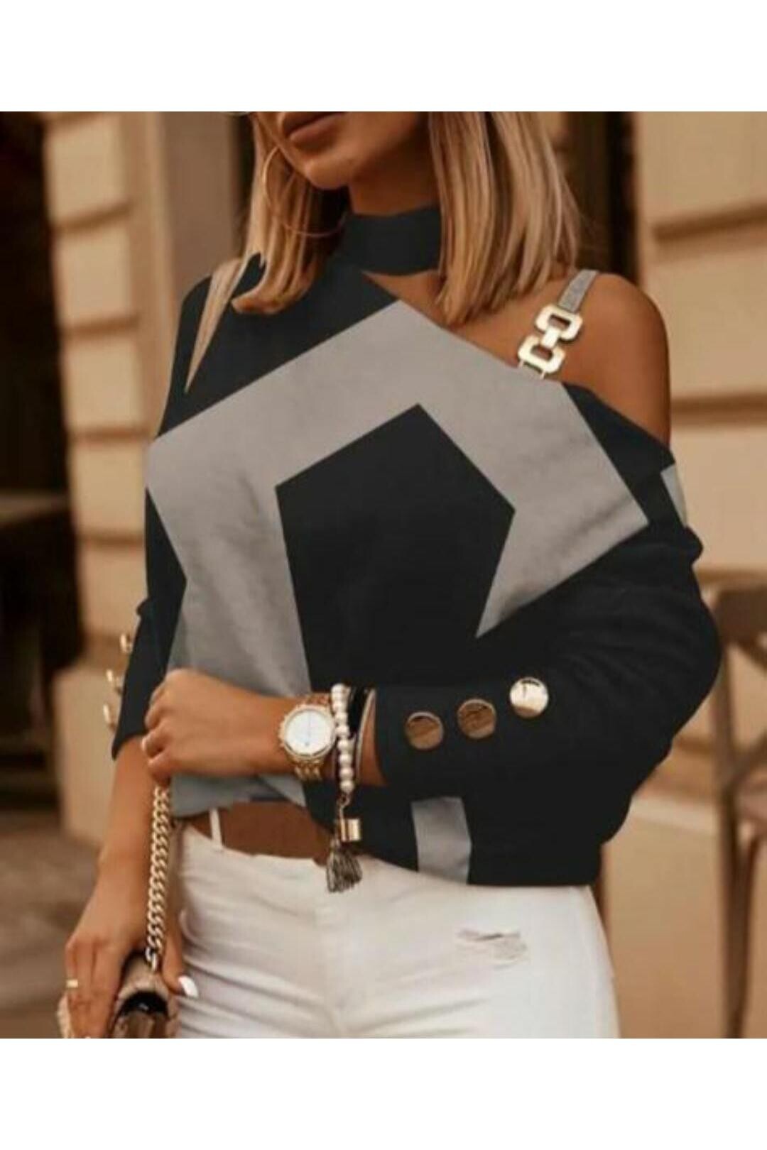 Omzu Toklalı Desenli Bluz