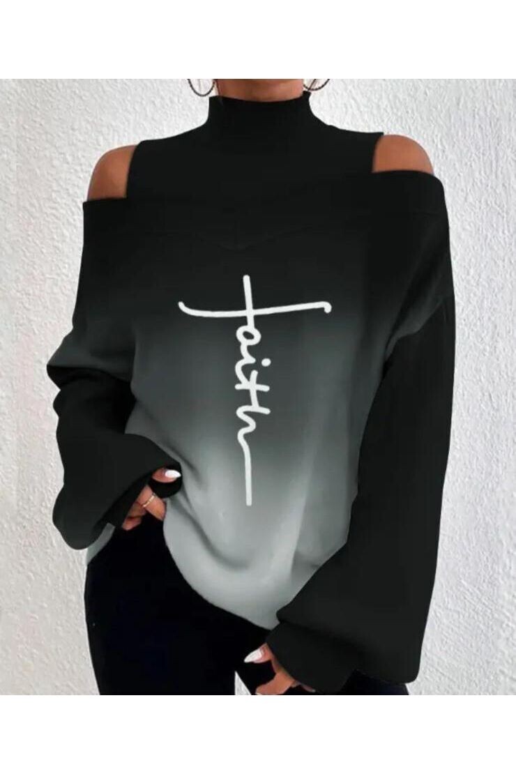 Omuz Dekolteli Önü Desenli Dijital Dalgıç Kumaş Bluz