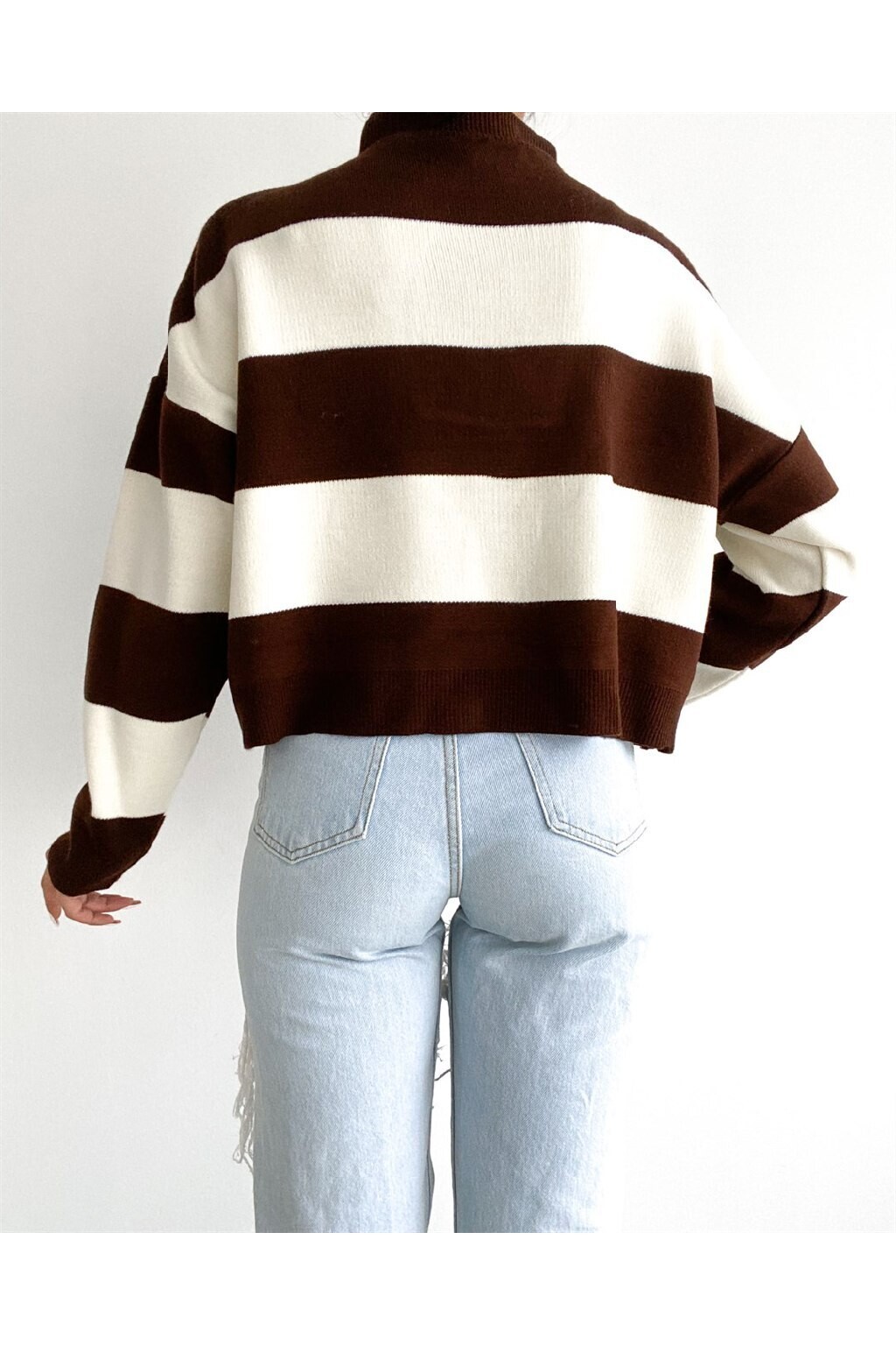 Polo Yaka Fermuarlı Çizgili Kazak