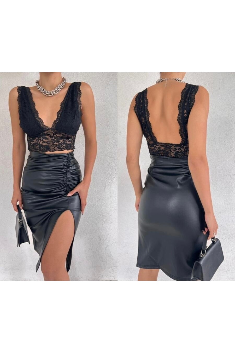 Şardonlu Deri Kumaş Önü Büzgülü Yırtmaçlı Kalem Etek