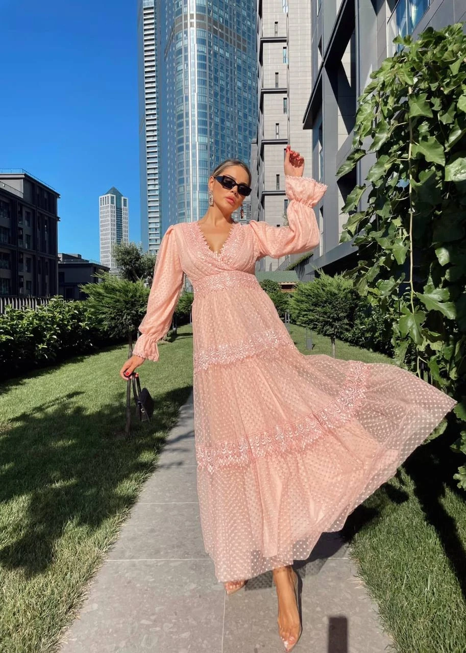 Nakışlı Maxi Tül Elbise