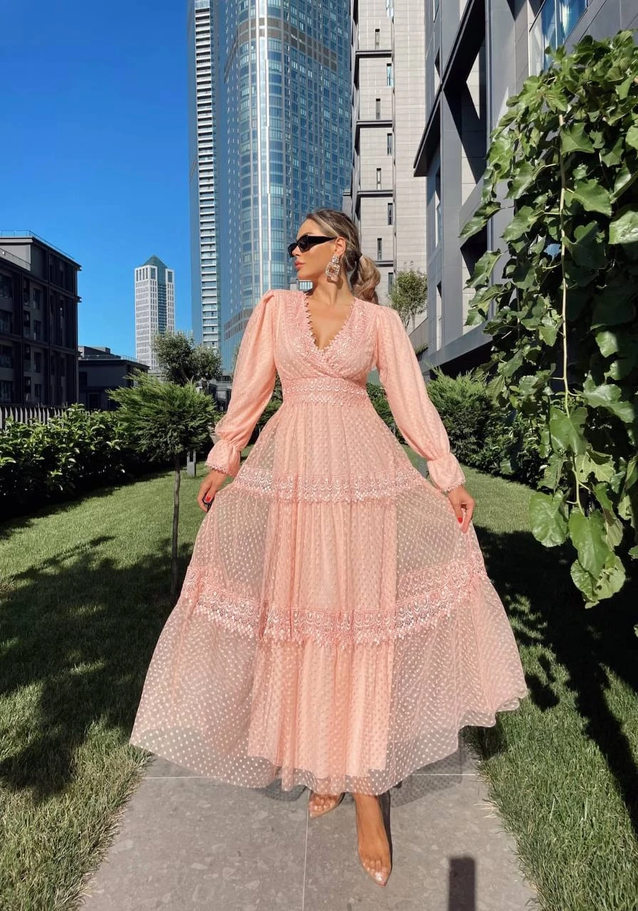 Nakışlı Maxi Tül Elbise