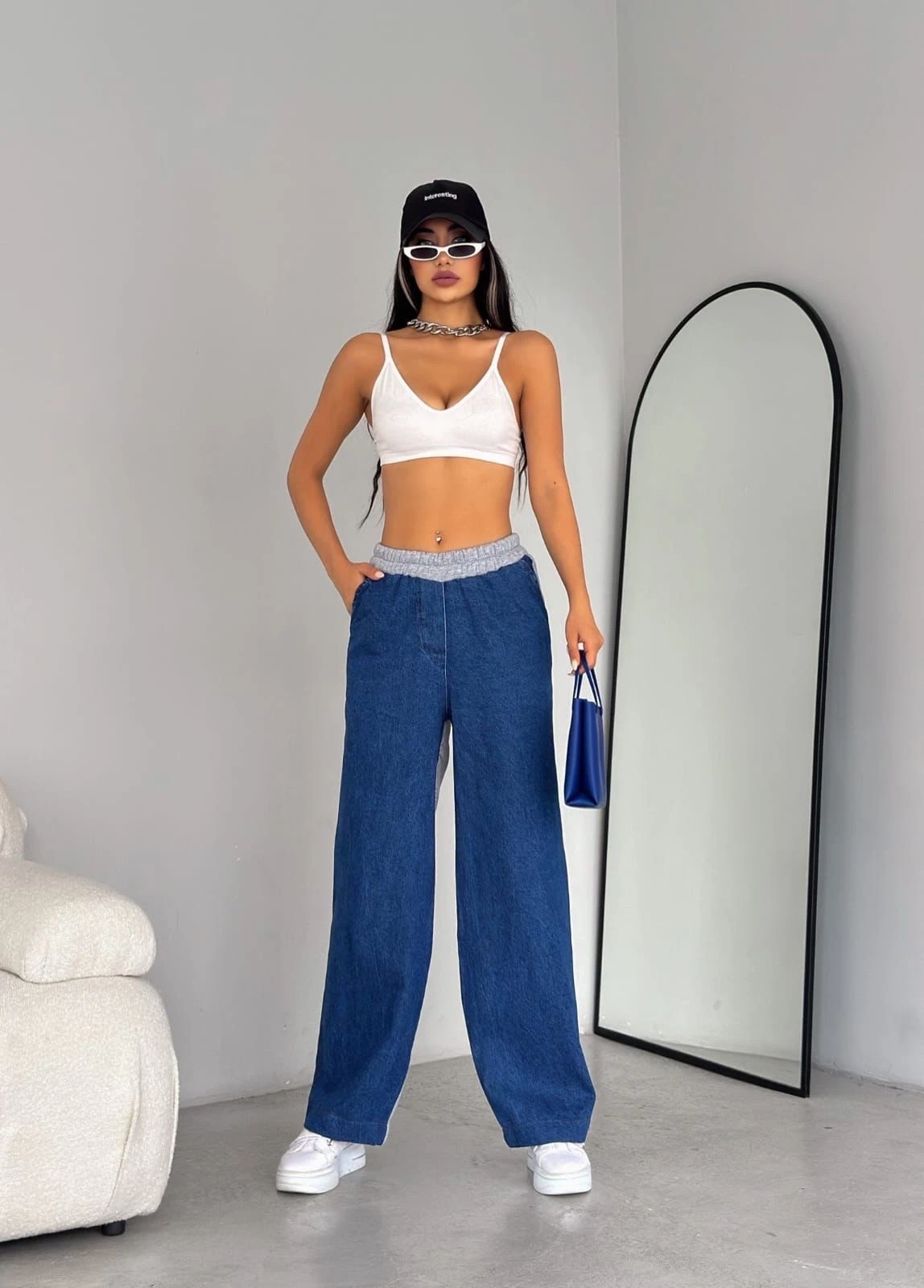 3 İp Garnili Kumaş Kot Detaylı Eşofman Altı