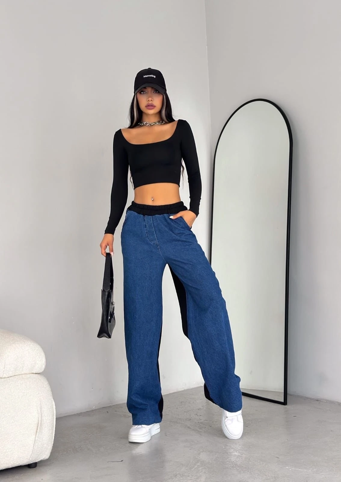 3 İp Garnili Kumaş Kot Detaylı Eşofman Altı