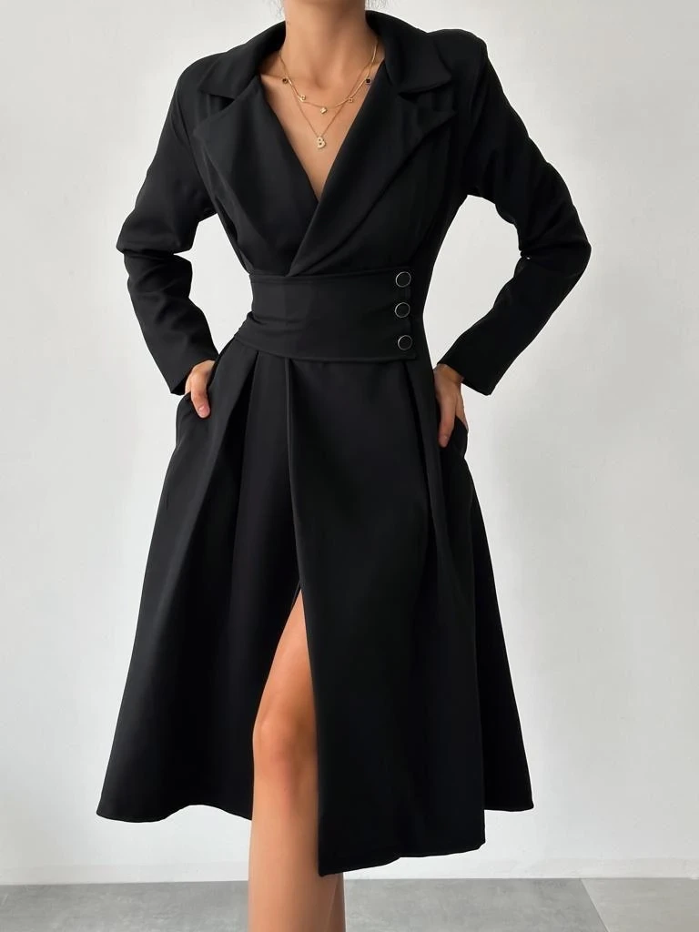 Atlas Kumaş Ceket Yaka Bel Detaylı Elbise