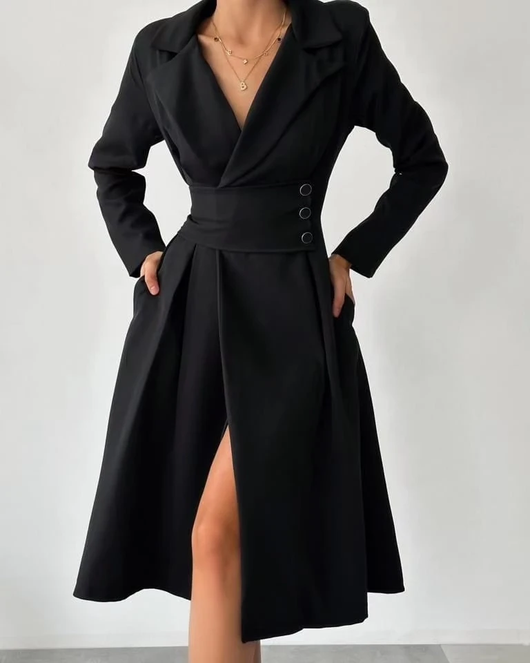 Atlas Kumaş Ceket Yaka Bel Detaylı Elbise