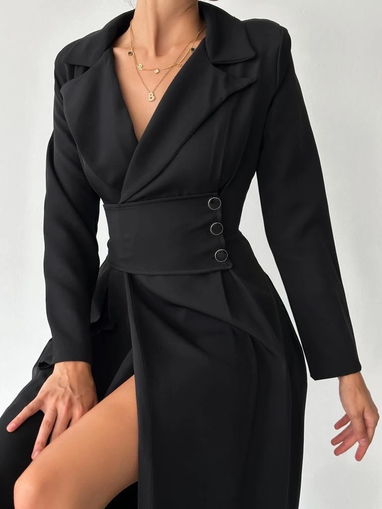 Atlas Kumaş Ceket Yaka Bel Detaylı Elbise