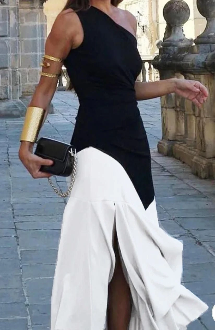 Atlas Kumaş Çift Renk Garnili Elbise