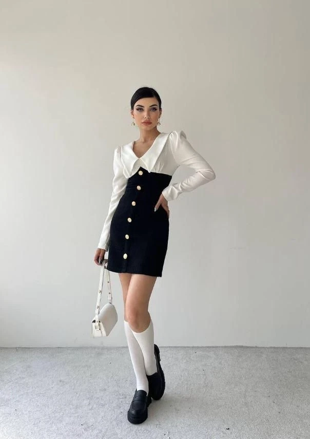 Atlas Kumaş Çift Renklı Düğme Detaylı Elbise