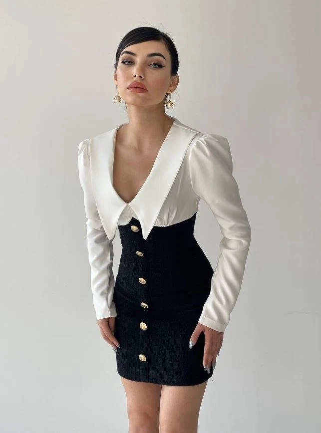 Atlas Kumaş Çift Renklı Düğme Detaylı Elbise