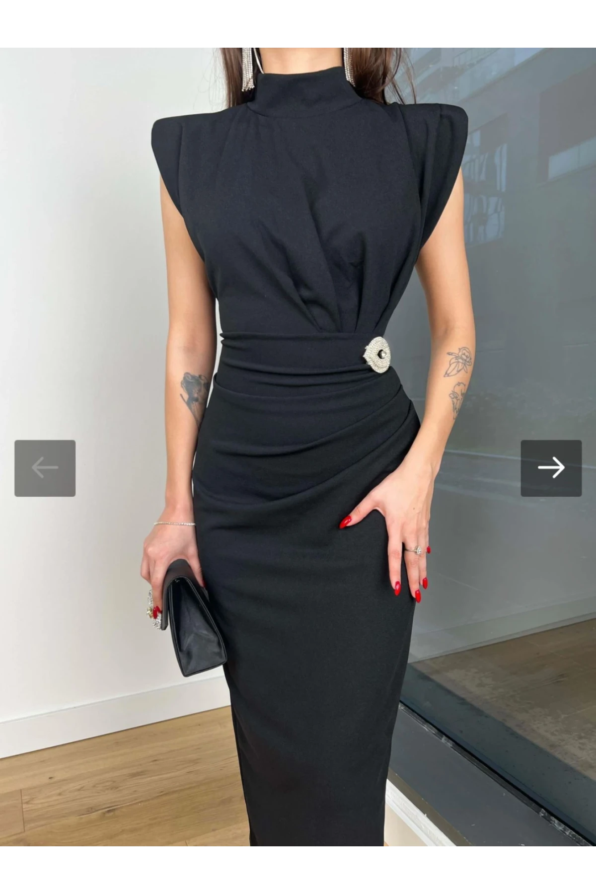 Atlas Kumaş Full Likralı Bronş Detaylı Elbise