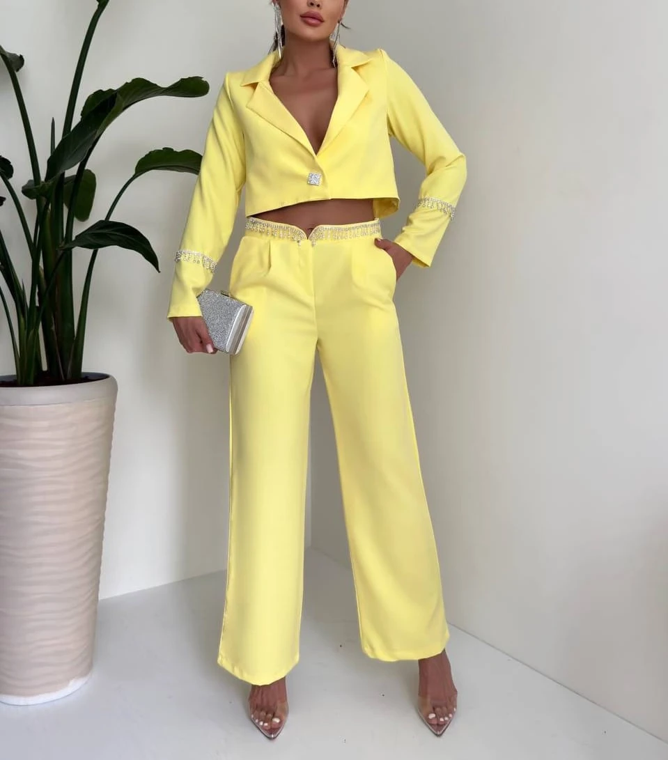 Atlas Kumaş İnci Detalı Pantolon Ceket Takım