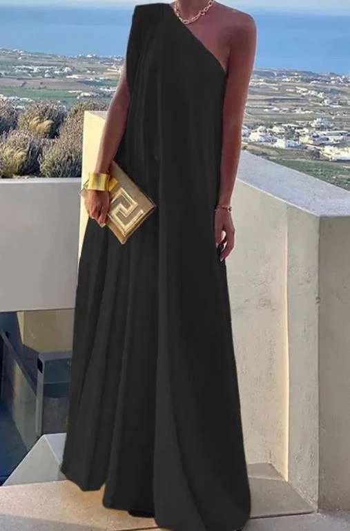 Atlas Kumaş Tek Omuz Maxi Tasarım Elbise