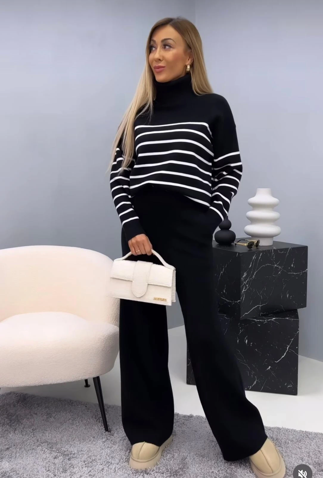 Balıkçı Yaka Çizgili Triko Pantolon Takım