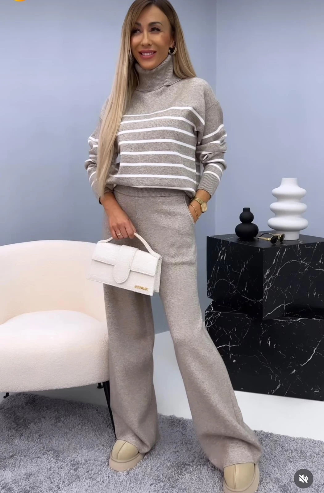 Balıkçı Yaka Çizgili Triko Pantolon Takım