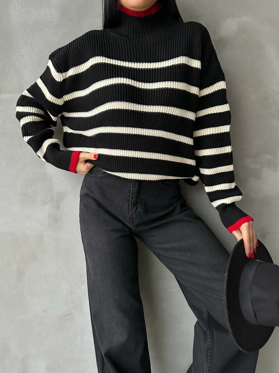 Balıkçı Yaka Şeritli Triko Kazak