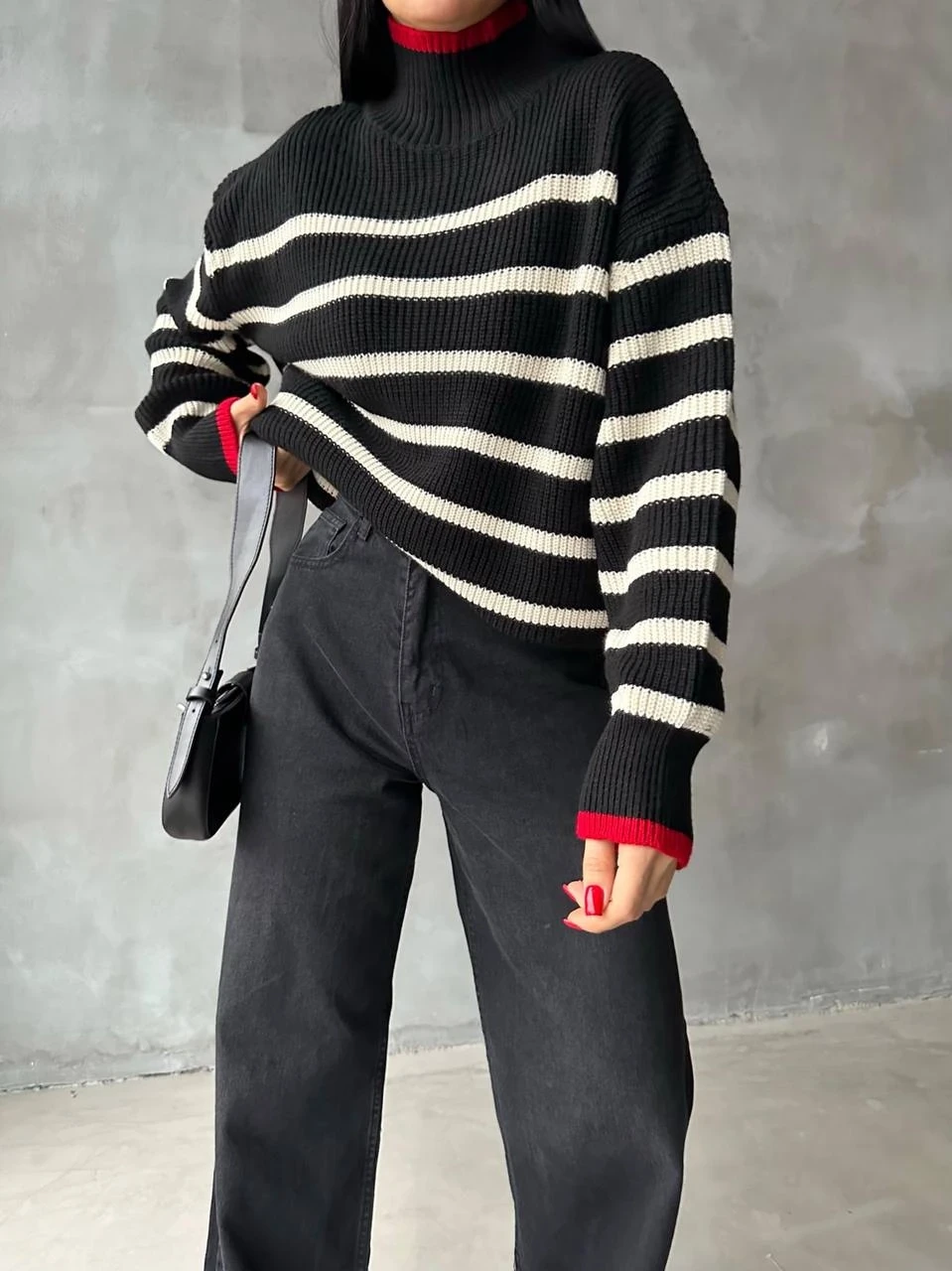 Balıkçı Yaka Şeritli Triko Kazak