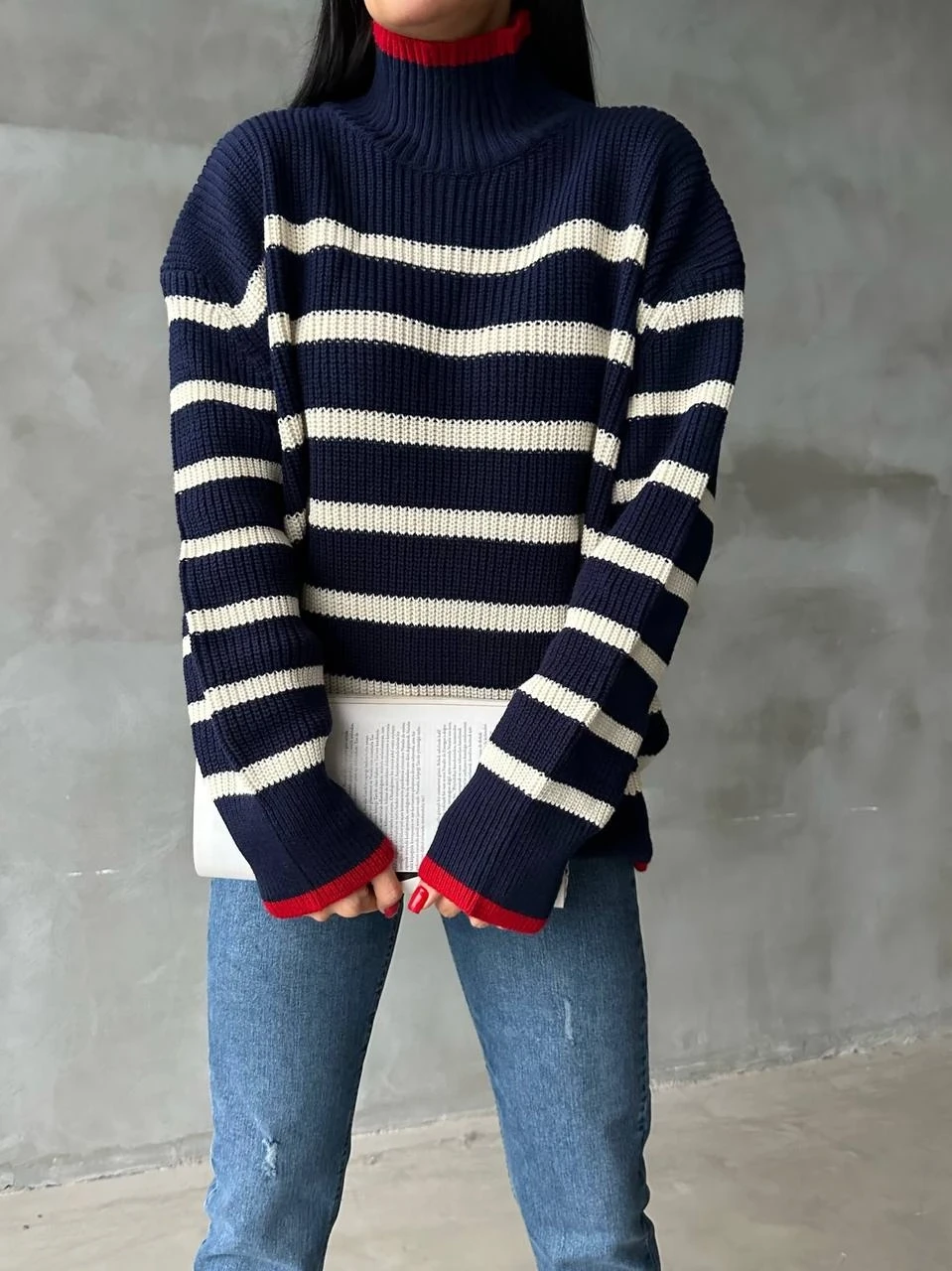 Balıkçı Yaka Şeritli Triko Kazak