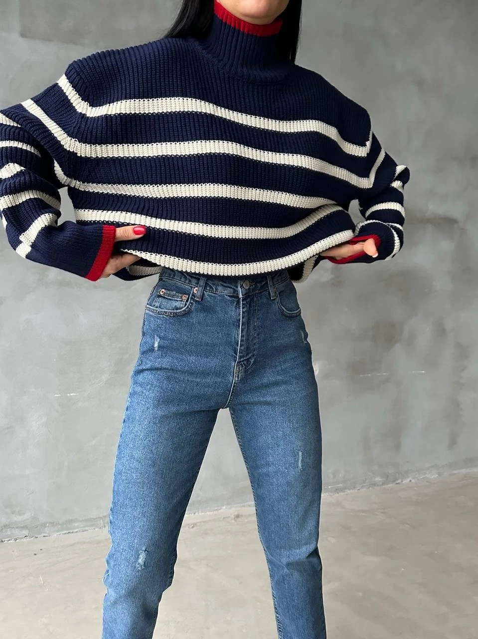 Balıkçı Yaka Şeritli Triko Kazak