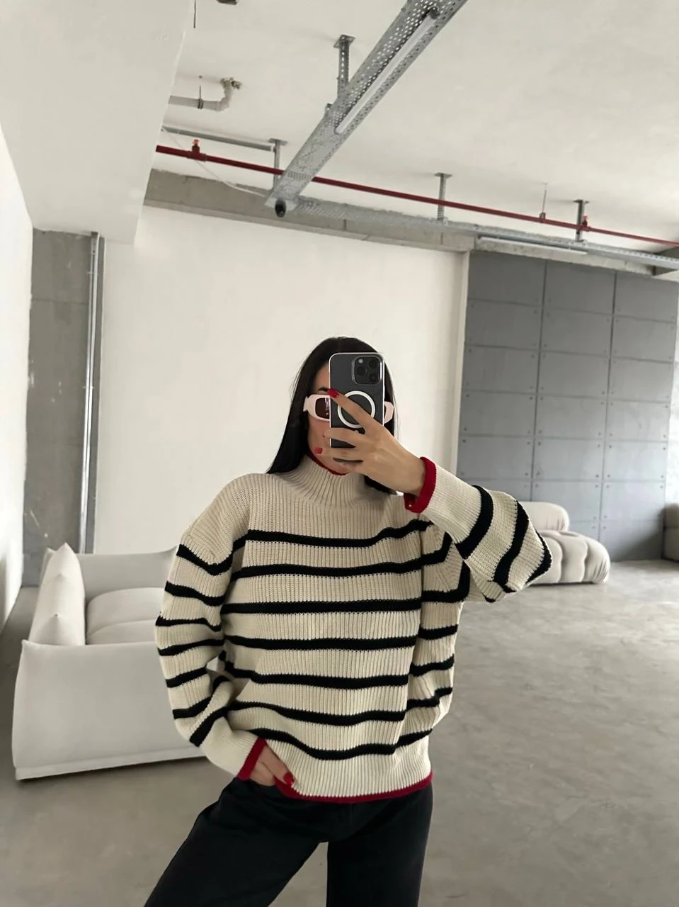 Balıkçı Yaka Şeritli Triko Kazak