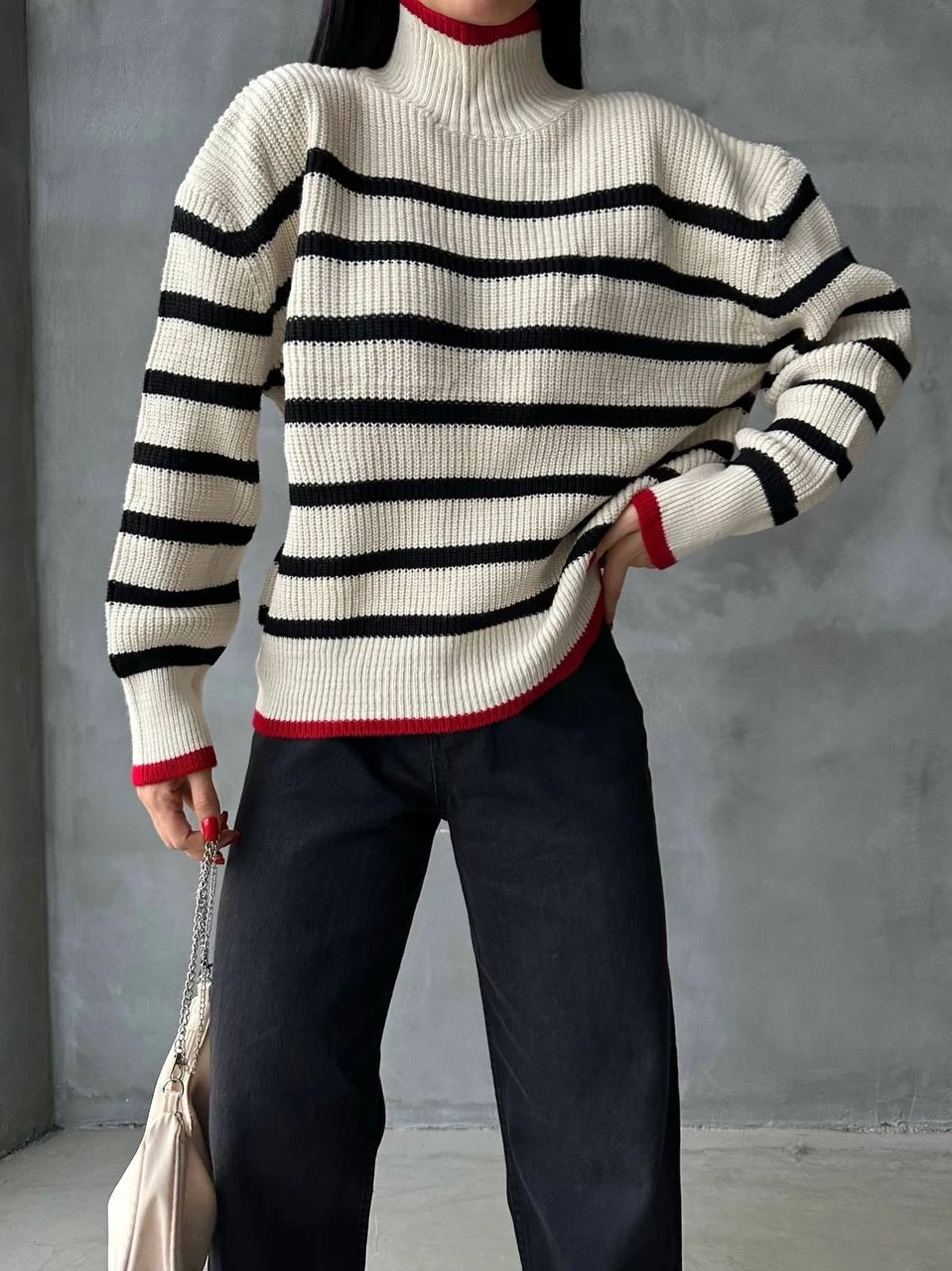 Balıkçı Yaka Şeritli Triko Kazak