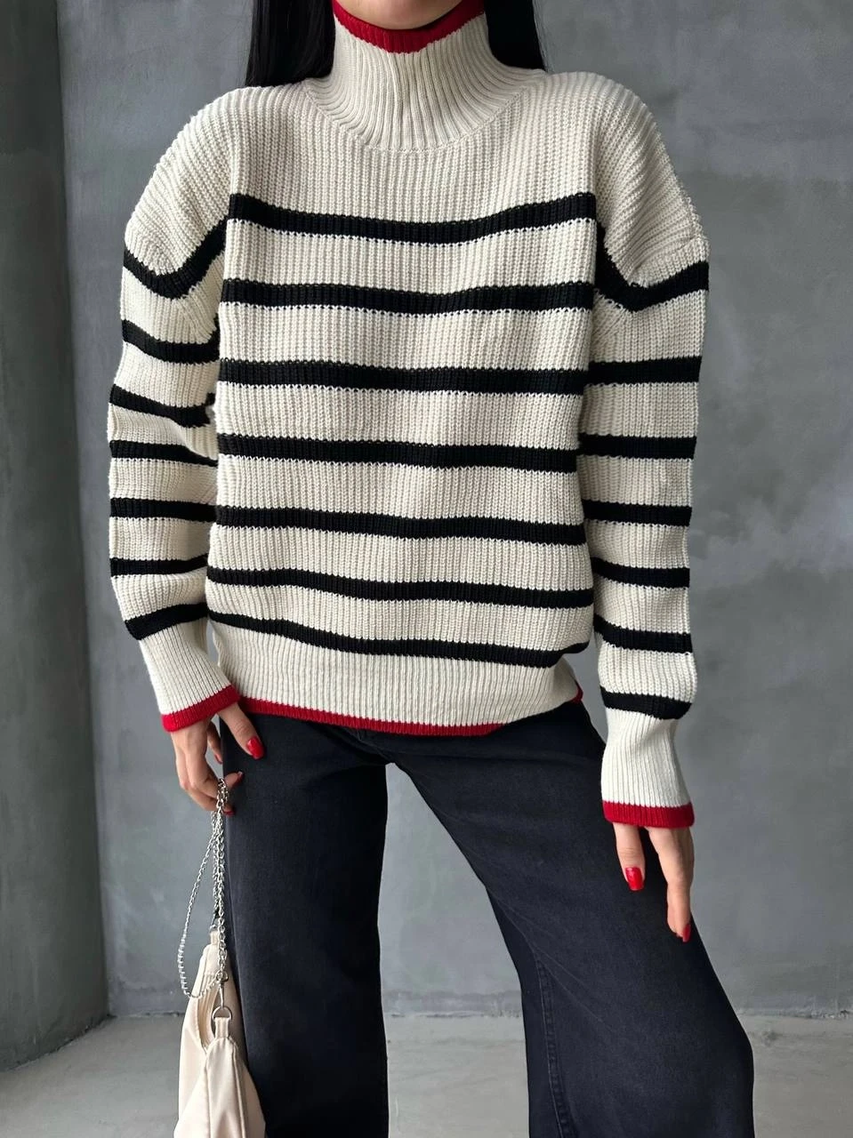 Balıkçı Yaka Şeritli Triko Kazak