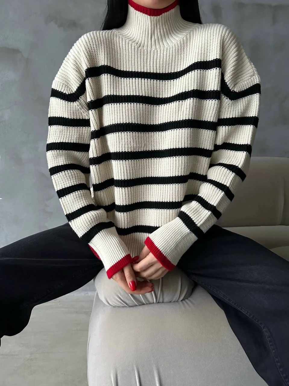 Balıkçı Yaka Şeritli Triko Kazak