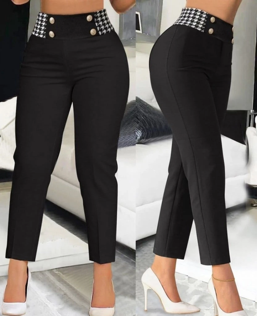 Beli Kazayağı Desen ve Düğmeli Krep Pantolon