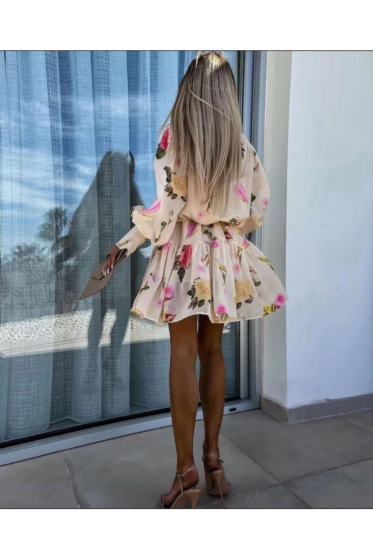 Çiçek Desen Nevrul Detaylı  Şifon Kumaş Elbise