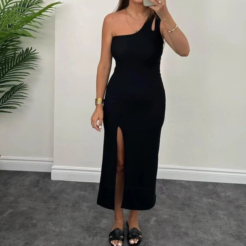 Çift Bantlı Yırtmaçlı Midi Boy Elbise