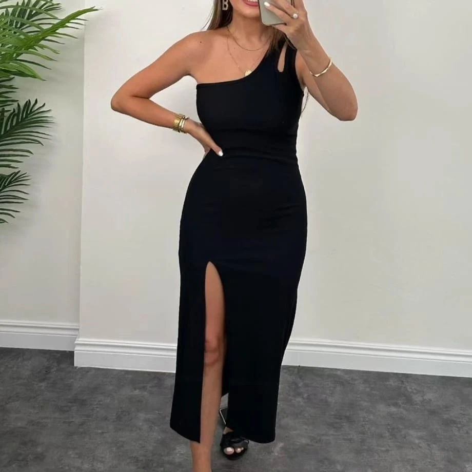 Çift Bantlı Yırtmaçlı Midi Boy Elbise