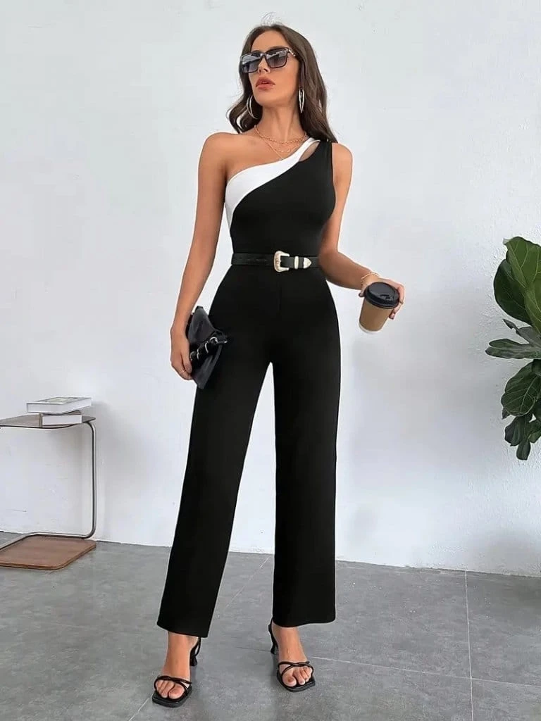 Çift Renkli Tek Omuz Detay İthal Krep Tulum