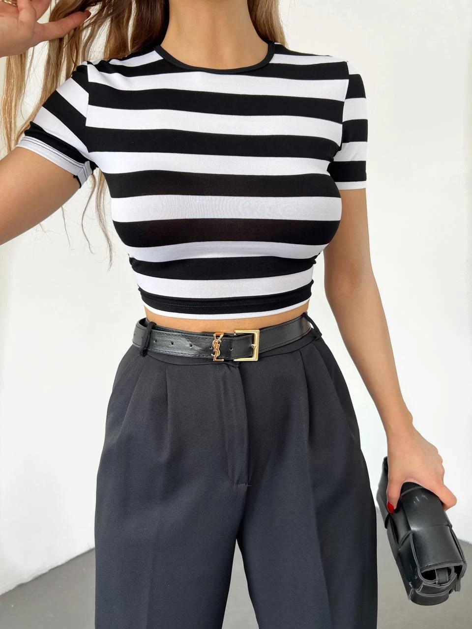 Çizgili Viskon Likralı Kumaş Sırt Dekolteli Kemer Detaylı  Croptop