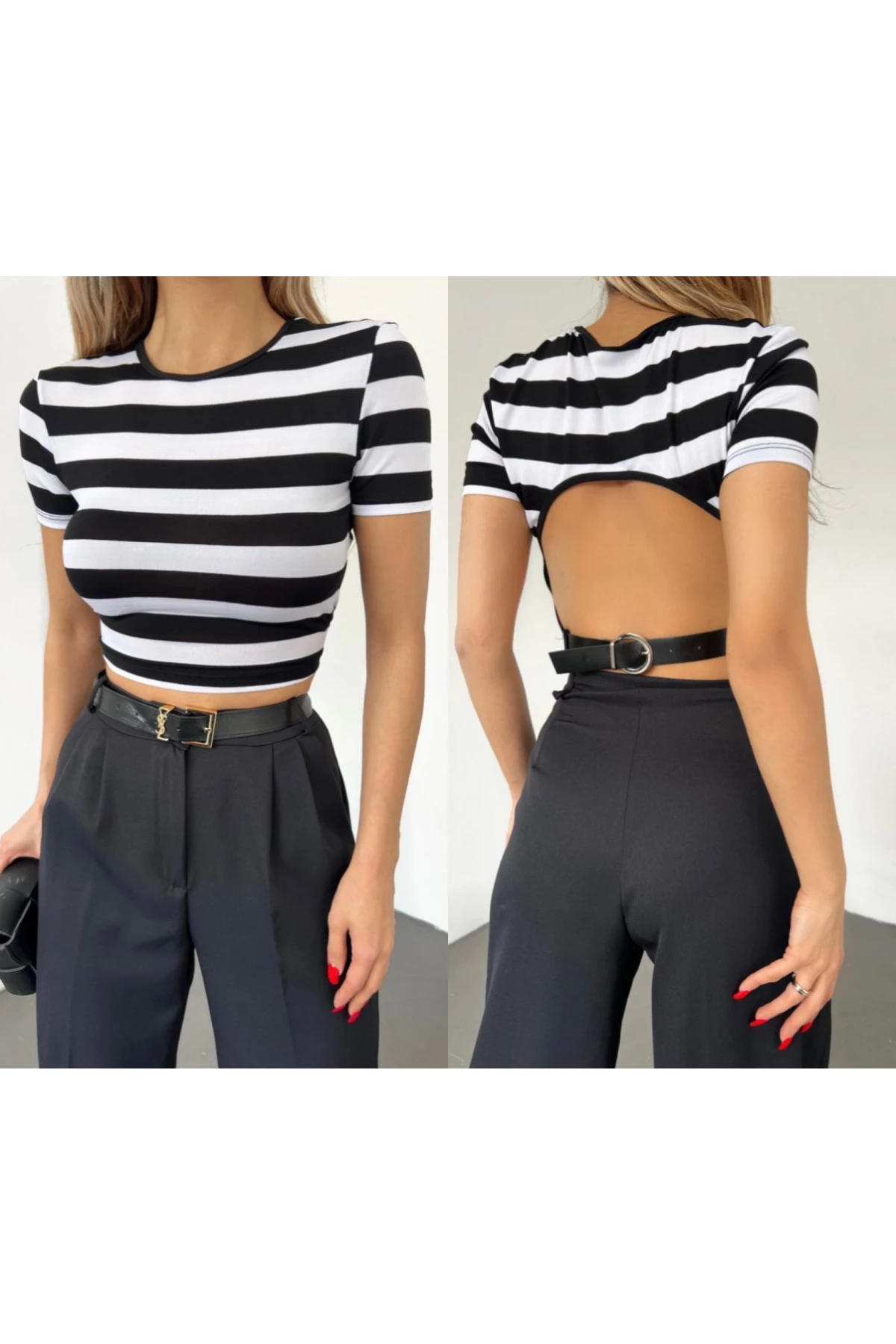 Çizgili Viskon Likralı Kumaş Sırt Dekolteli Kemer Detaylı  Croptop