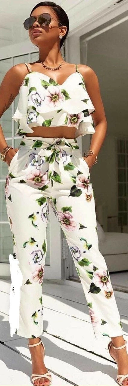 Dalgıç Kumaş Çiçekli Bluz & Pantolon Takım